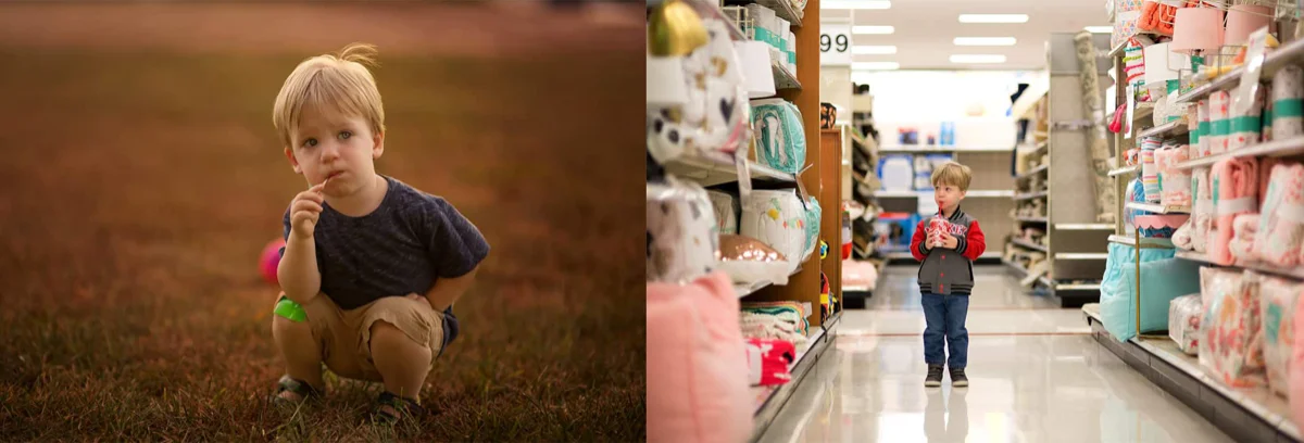 A side by side image of a young boy crouched in a field looking contemplative, and in a store aisle looking at products