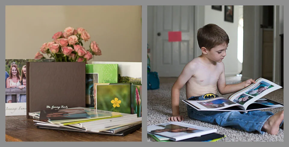 A side by side of photo albums and a child looking through the photos in the albums