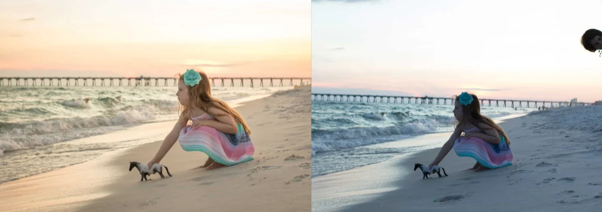 Photo retouching sample of girl on beach, playing with her toy horse