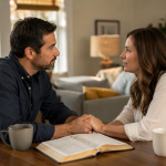 A couple having a serious yet respectful and loving discussion on relationship issues