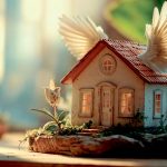 A hoiuse figurine with wings sitting in the sunlight