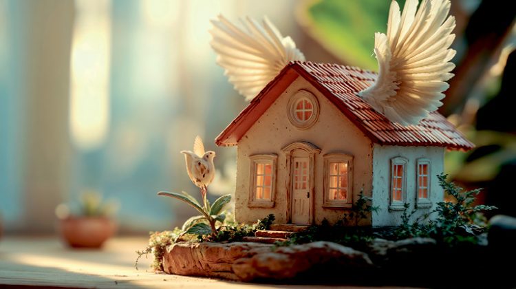 A hoiuse figurine with wings sitting in the sunlight