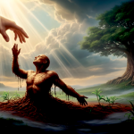 Man growing from the earth, reaching upwards towards God,