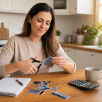 Person cutting up credit cards at a kitchen table as a step toward financial freedom and responsible budgeting.