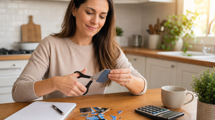Person cutting up credit cards at a kitchen table as a step toward financial freedom and responsible budgeting.